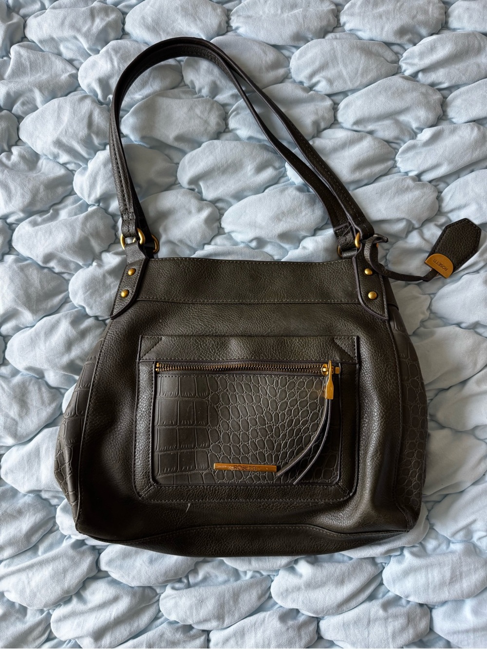 Rosetti Black Shoulder Bag with Croc-Texture Front Pocket and Gold-Tone Accents